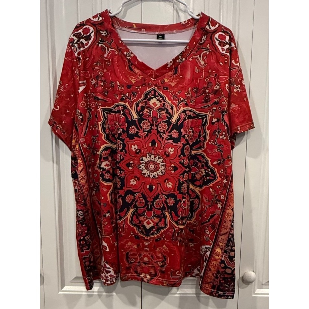 Women's 3XL Red Paisley Boho Tunic Top V Neck Short Sleeve Medallion Stretch